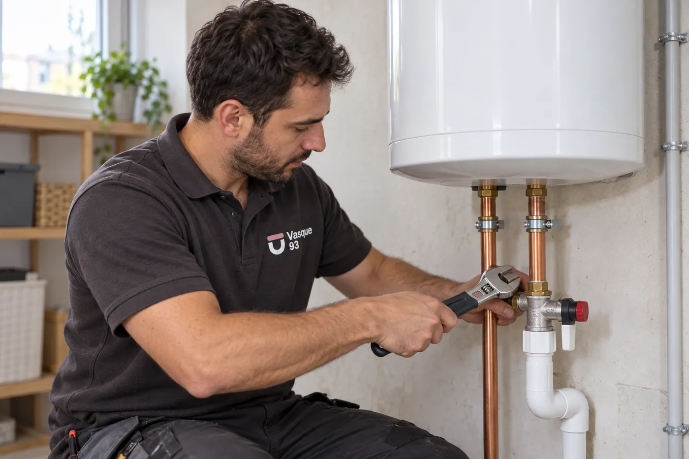 Plombier raccordant le groupe de sécurité d'un chauffe-eau électrique neuf